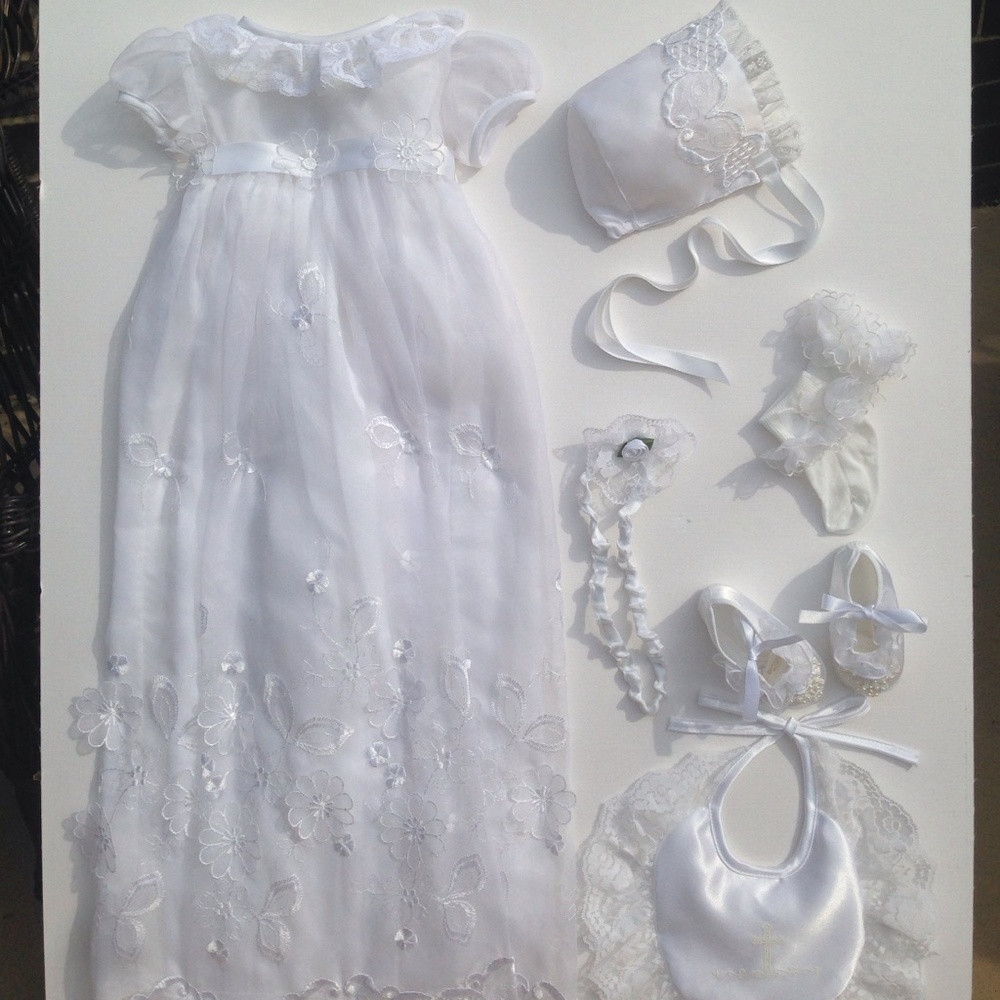 Baptism set: dress, hat, booties, socks, bib, band